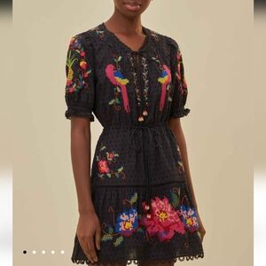 Farm Rio Black Embroidered Dress with Colorful Floral Design